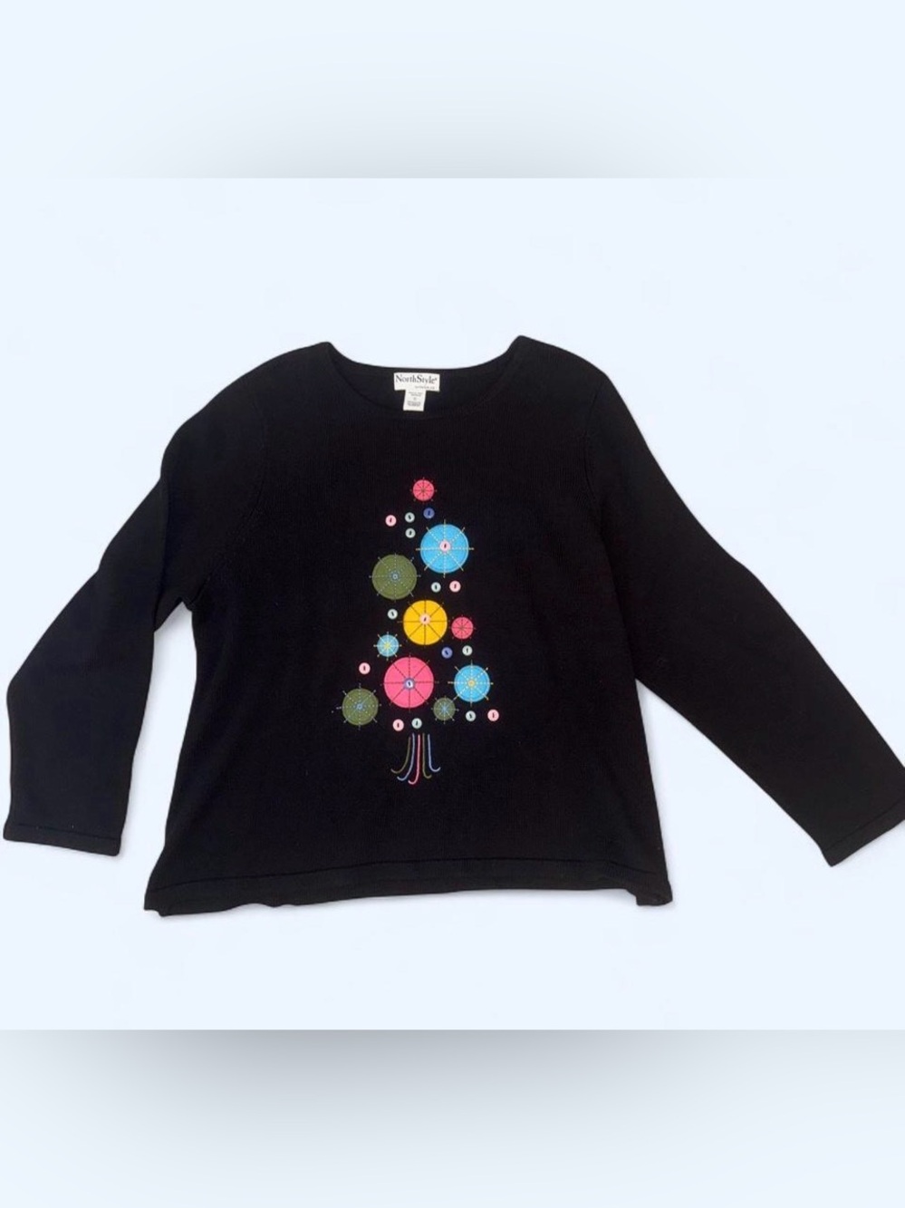 NorthStyle Black Women's Crewneck Sweater with Colorful Circular Tree Design